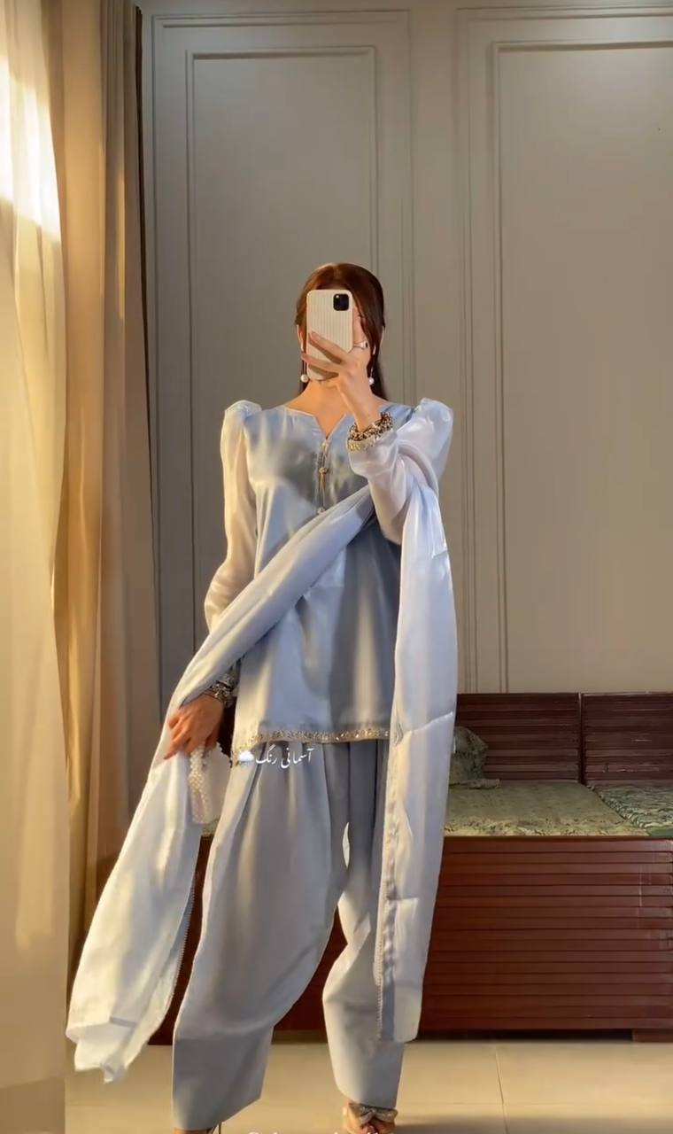 Elegant Blue Embroidered Top & Farshi Set