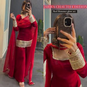 Designer Red Georgette Lace Bordered Sharara Suit with Dupatta