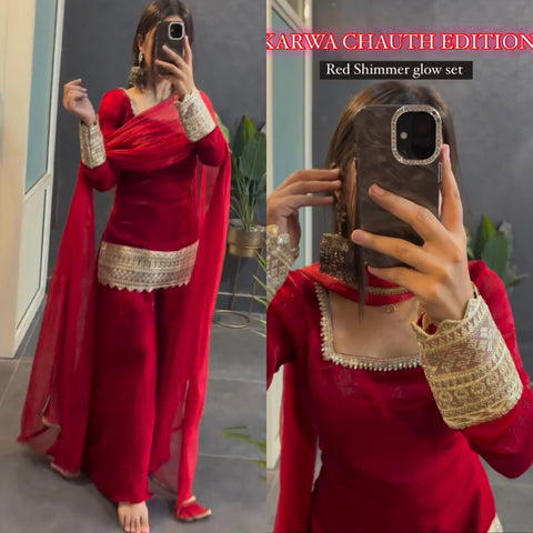 Designer Red Georgette Lace Bordered Sharara Suit with Dupatta