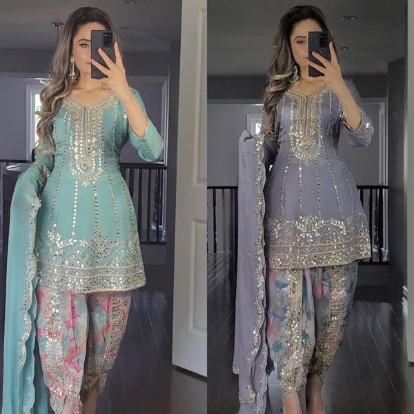 Elegant Embroidered Top with Printed Dhoti Kurta and Dupatta