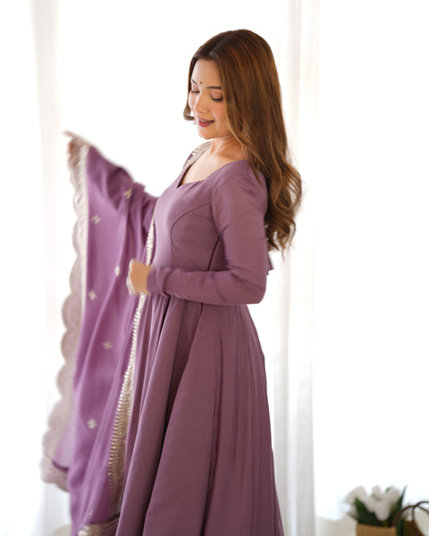 Elegant Purple Embroidered Long Gown with Matching Dupatta Set