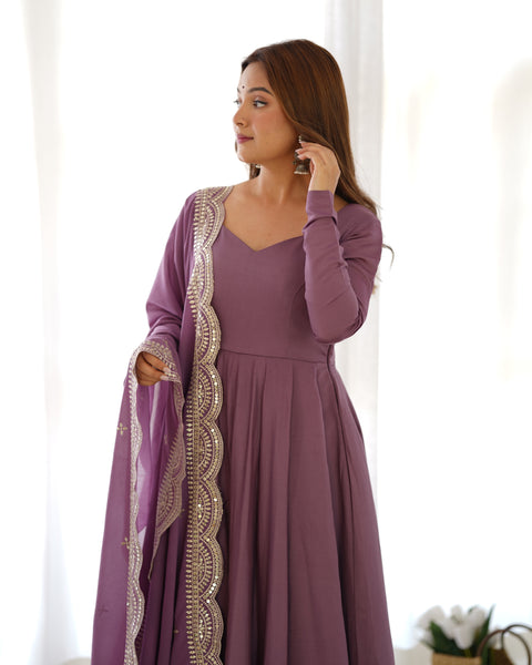 Elegant Purple Embroidered Long Gown with Matching Dupatta Set