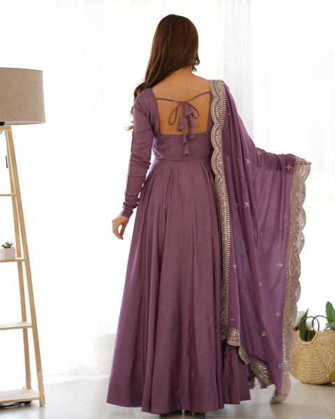 Elegant Purple Embroidered Long Gown with Matching Dupatta Set