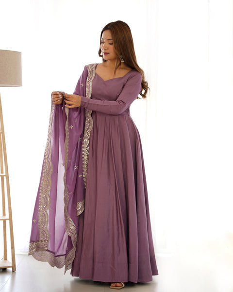 Elegant Purple Embroidered Long Gown with Matching Dupatta Set