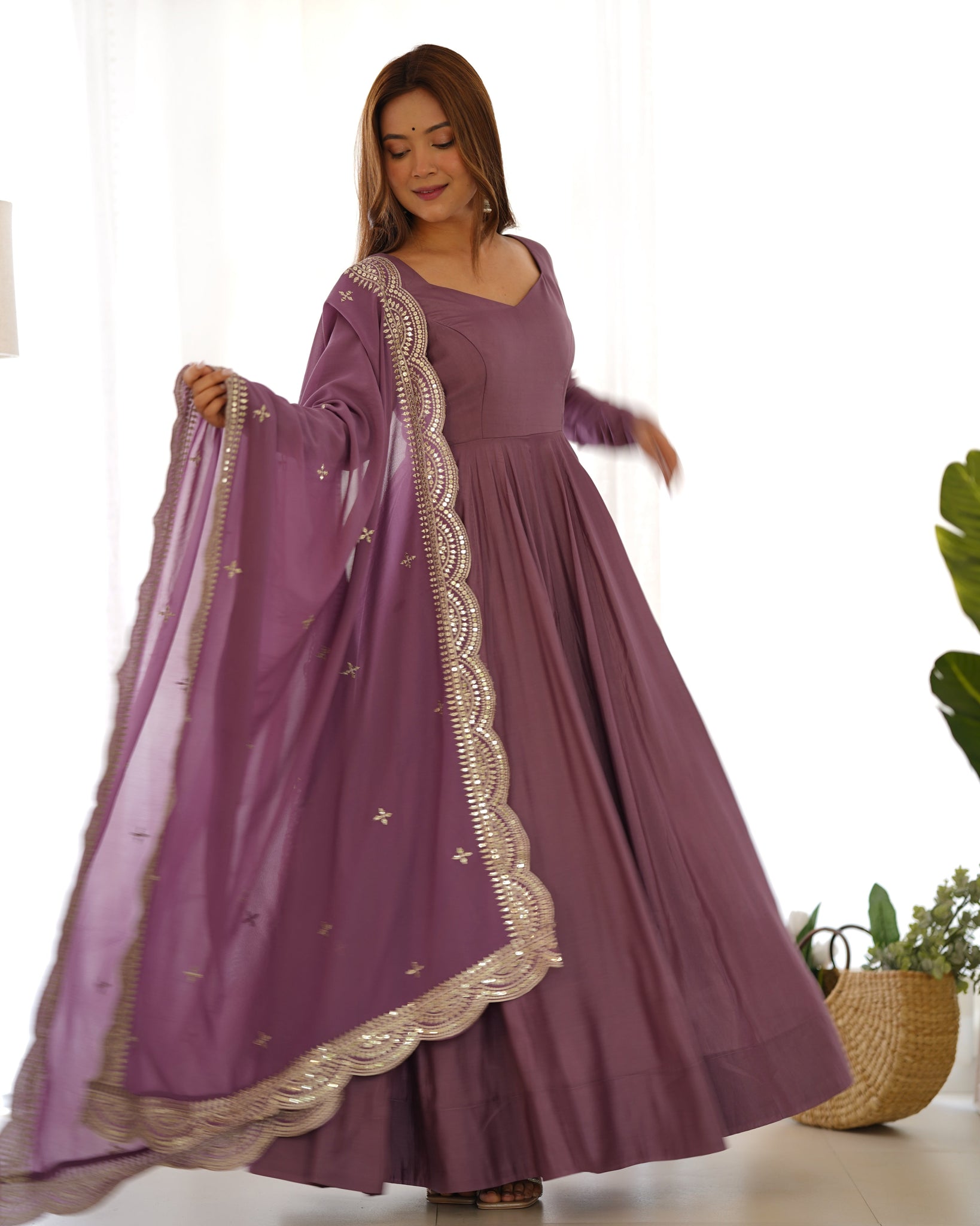 Elegant Purple Embroidered Long Gown with Matching Dupatta Set