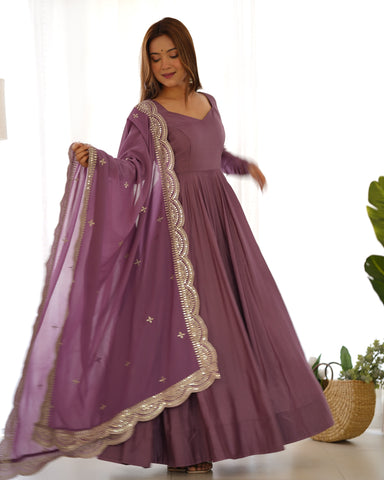 Elegant Purple Embroidered Long Gown with Matching Dupatta Set