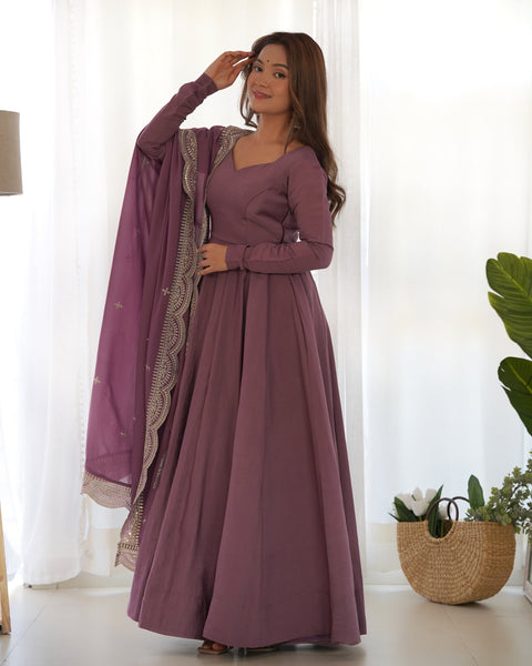 Elegant Purple Embroidered Long Gown with Matching Dupatta Set