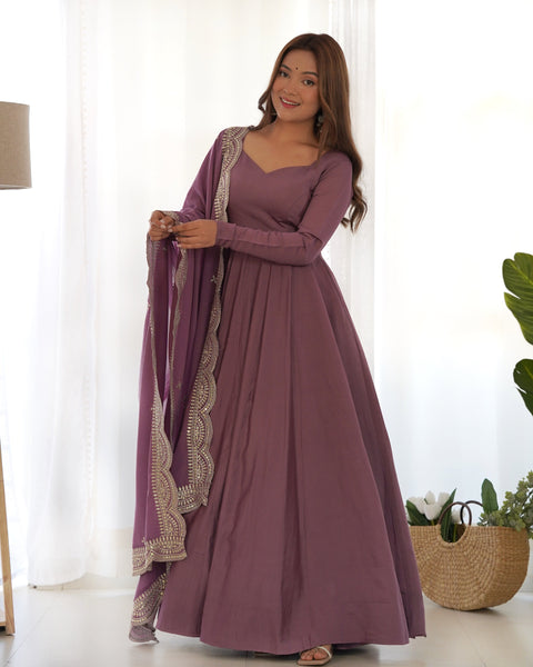 Elegant Purple Embroidered Long Gown with Matching Dupatta Set