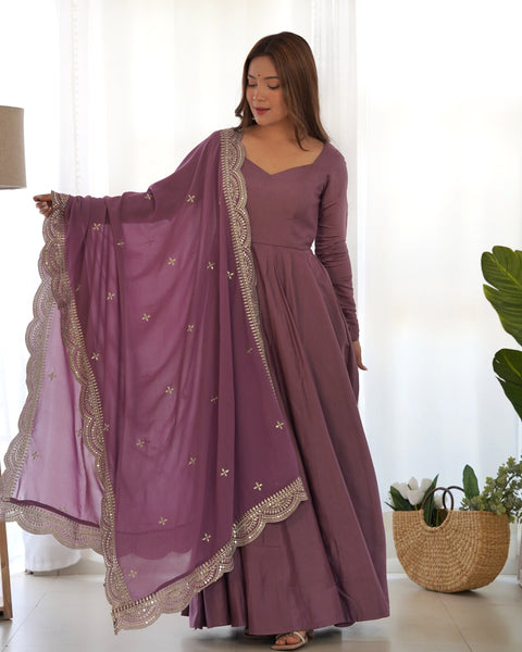 Elegant Purple Embroidered Long Gown with Matching Dupatta Set