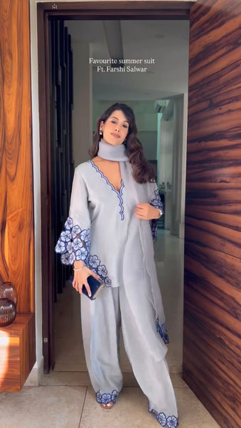 Elegant Light Grey Summer Farsi Salwar Suit for Women