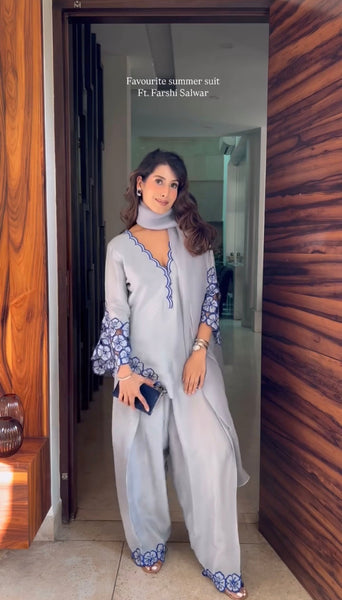 Elegant Light Grey Summer Farsi Salwar Suit for Women