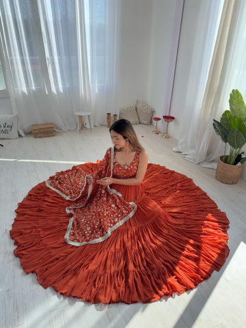 Rust Orange Tiered Long Gown with Embroidered Bodice and Dupatta
