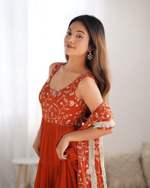 Rust Orange Tiered Long Gown with Embroidered Bodice and Dupatta