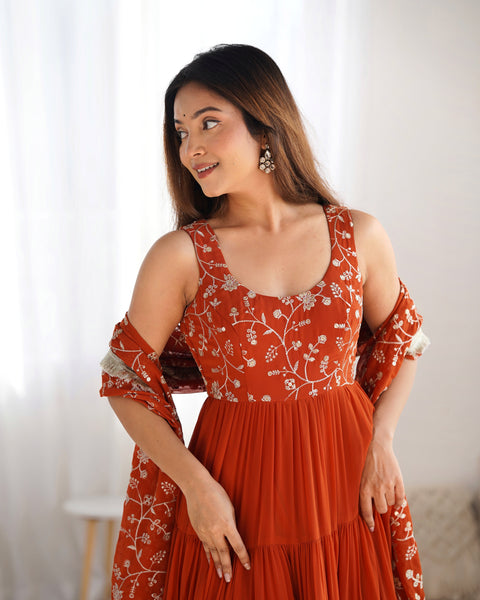 Rust Orange Tiered Long Gown with Embroidered Bodice and Dupatta