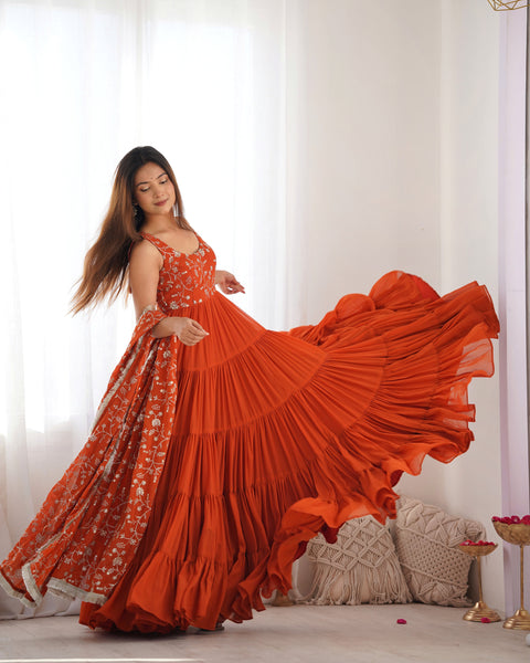 Rust Orange Tiered Long Gown with Embroidered Bodice and Dupatta