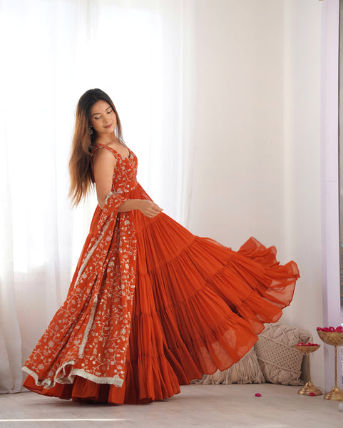 Rust Orange Tiered Long Gown with Embroidered Bodice and Dupatta