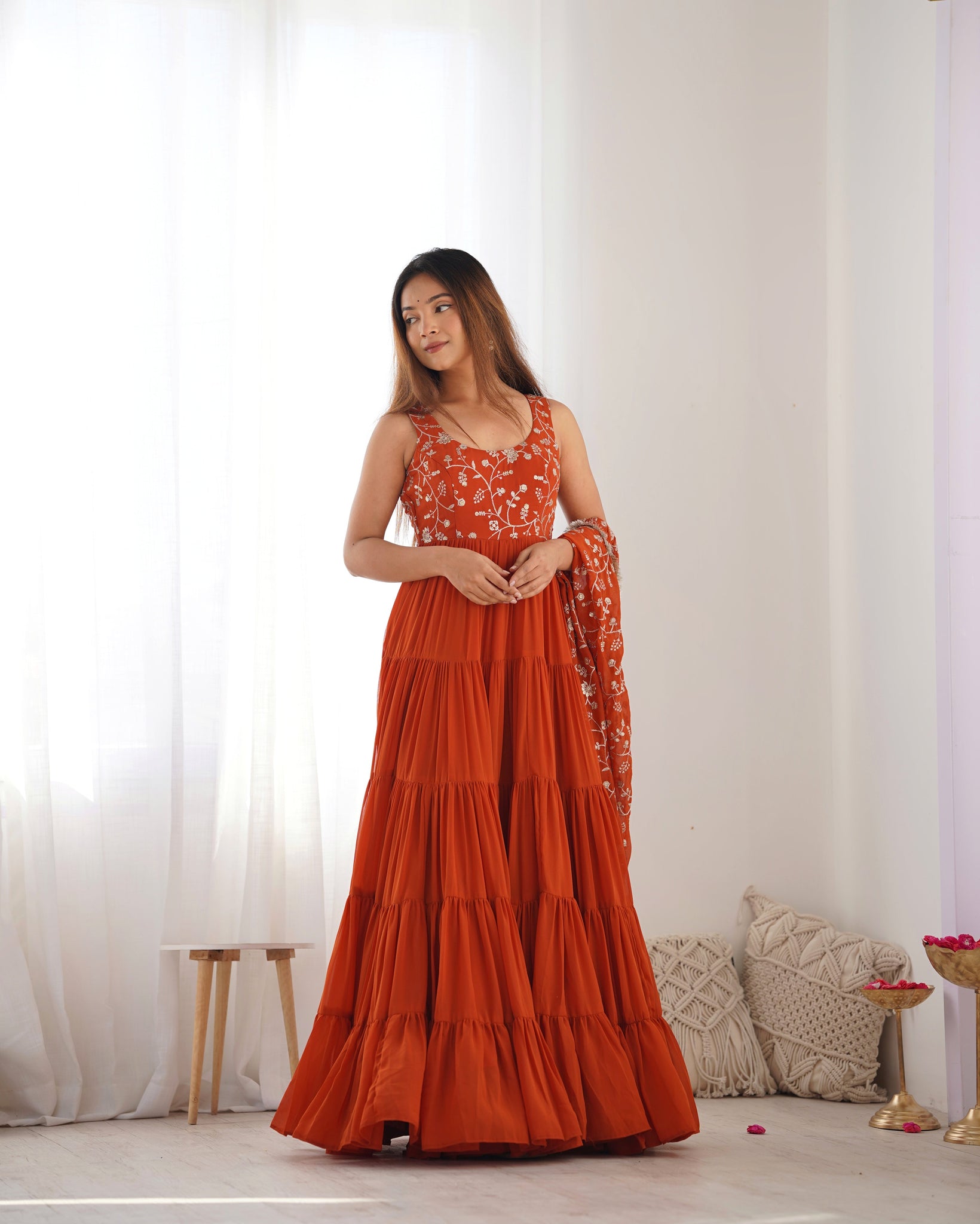Rust Orange Tiered Long Gown with Embroidered Bodice and Dupatta
