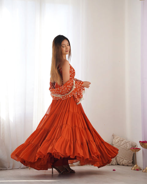 Rust Orange Tiered Long Gown with Embroidered Bodice and Dupatta
