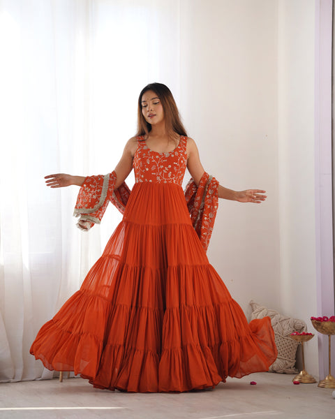 Rust Orange Tiered Long Gown with Embroidered Bodice and Dupatta