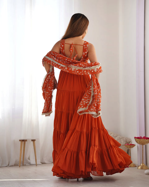 Rust Orange Tiered Long Gown with Embroidered Bodice and Dupatta