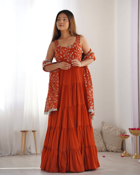 Rust Orange Tiered Long Gown with Embroidered Bodice and Dupatta
