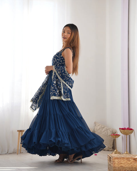 Rust Orange Tiered Long Gown with Embroidered Bodice and Dupatta
