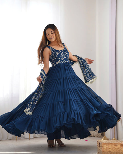 Rust Orange Tiered Long Gown with Embroidered Bodice and Dupatta