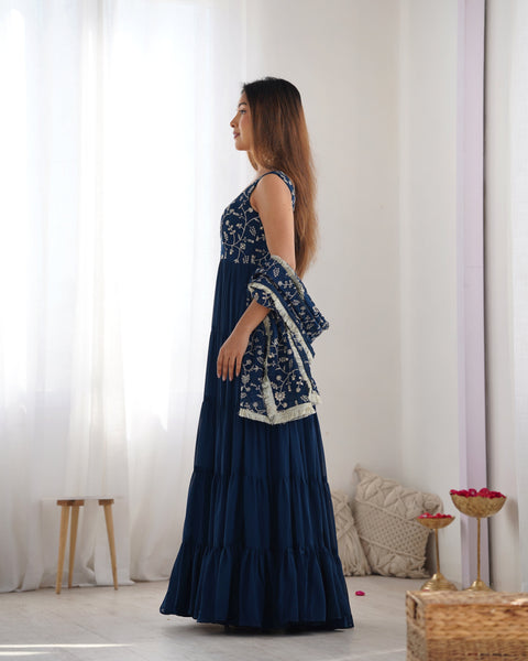 Rust Orange Tiered Long Gown with Embroidered Bodice and Dupatta