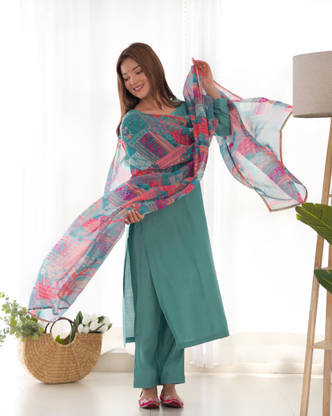 Elegant Sky Blue Kurta Set with Printed Dupatta