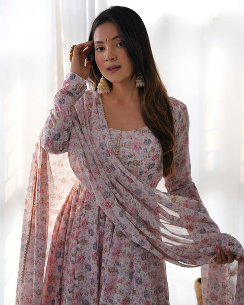 Graceful Pink Floral Printed Anarkali Suit with Dupatta