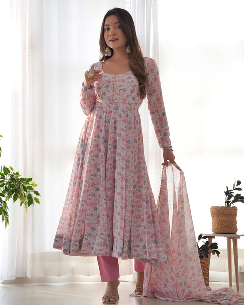 Graceful Pink Floral Printed Anarkali Suit with Dupatta