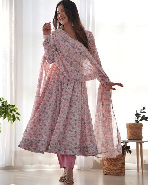 Graceful Pink Floral Printed Anarkali Suit with Dupatta