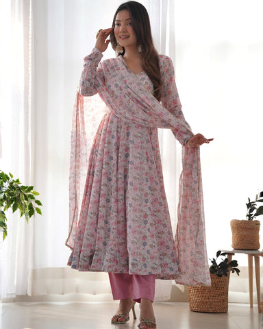 Graceful Pink Floral Printed Anarkali Suit with Dupatta