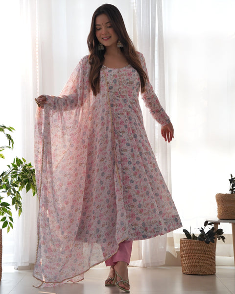 Graceful Pink Floral Printed Anarkali Suit with Dupatta