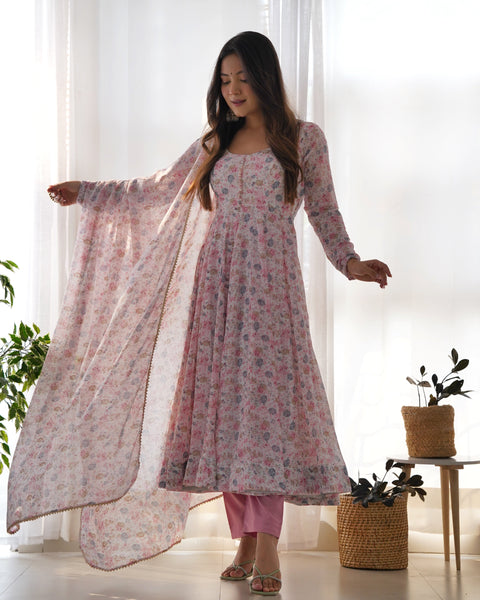 Graceful Pink Floral Printed Anarkali Suit with Dupatta