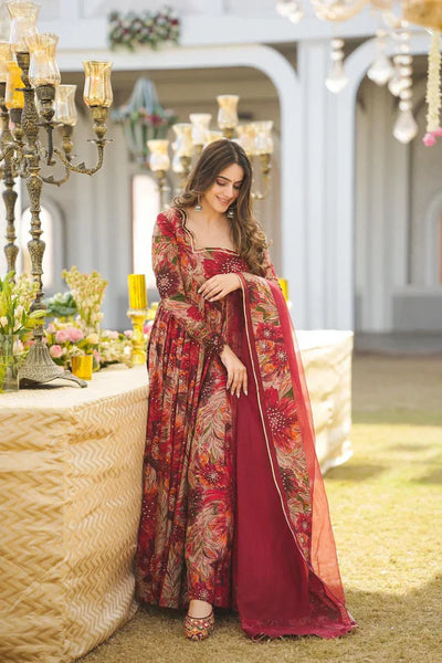 Chic Digital-Print Organza Anarkali Suit Set with Dupatta