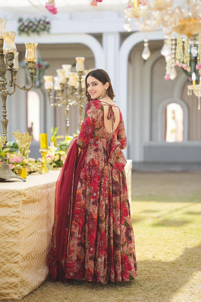 Chic Digital-Print Organza Anarkali Suit Set with Dupatta