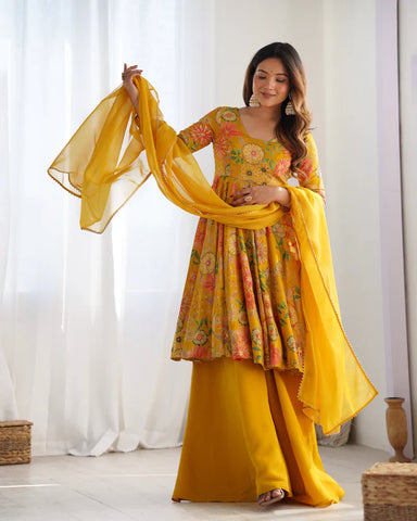 Sunny Yellow Floral Georgette Sharara Suit - Ideal for Daytime Celebrations