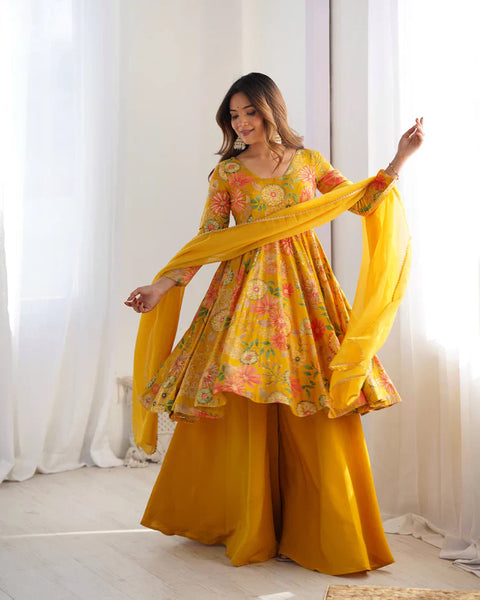 Sunny Yellow Floral Georgette Sharara Suit - Ideal for Daytime Celebrations