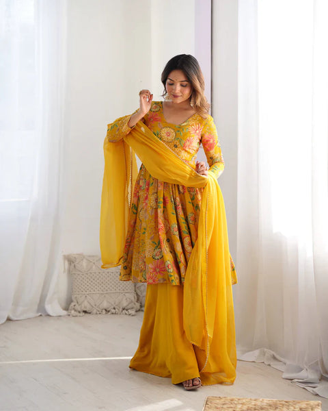 Sunny Yellow Floral Georgette Sharara Suit - Ideal for Daytime Celebrations