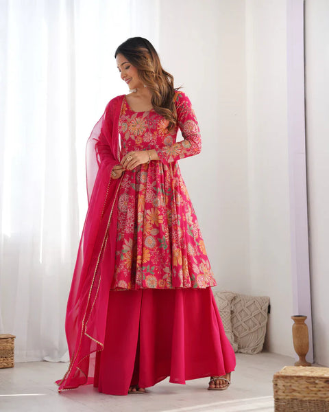 Sunny Yellow Floral Georgette Sharara Suit - Ideal for Daytime Celebrations