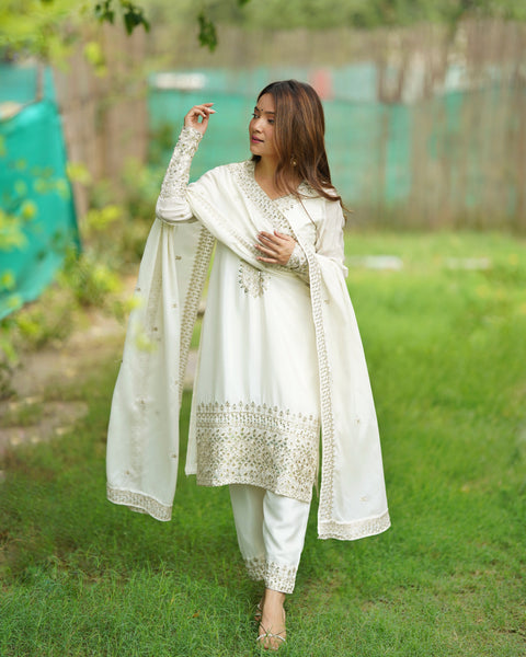 Georgette White Embroidered Salwar Suit with Dupatta