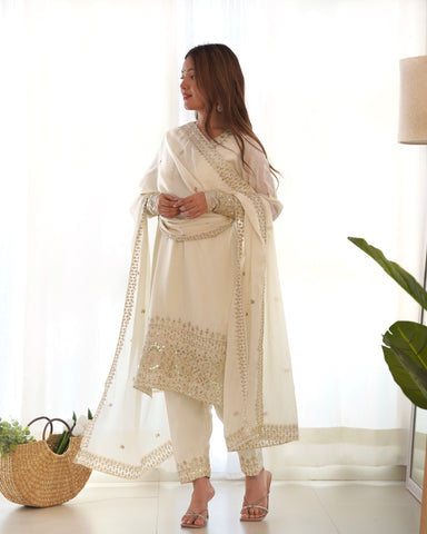 Georgette White Embroidered Salwar Suit with Dupatta