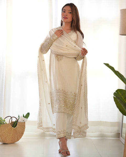 Georgette White Embroidered Salwar Suit with Dupatta