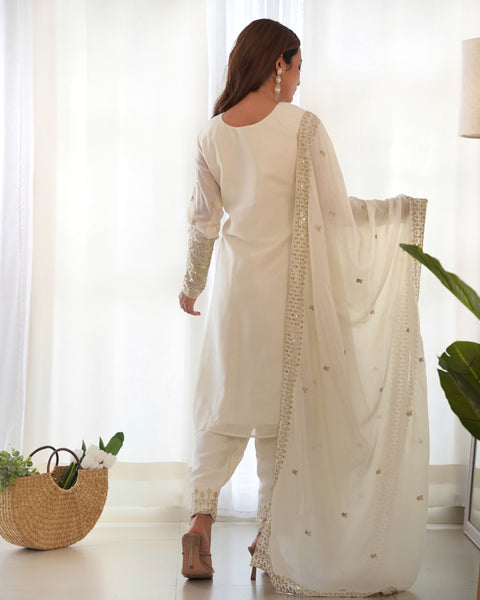 Georgette White Embroidered Salwar Suit with Dupatta
