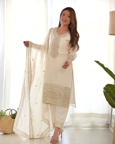 Georgette White Embroidered Salwar Suit with Dupatta