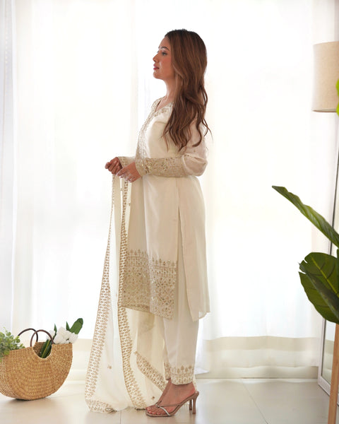 Georgette White Embroidered Salwar Suit with Dupatta