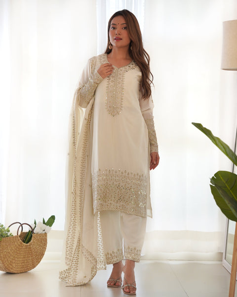 Georgette White Embroidered Salwar Suit with Dupatta