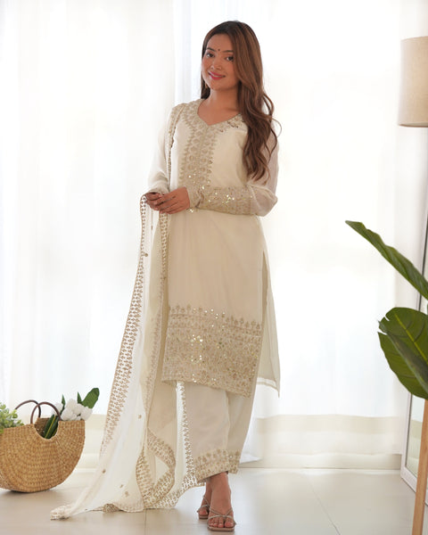 Georgette White Embroidered Salwar Suit with Dupatta