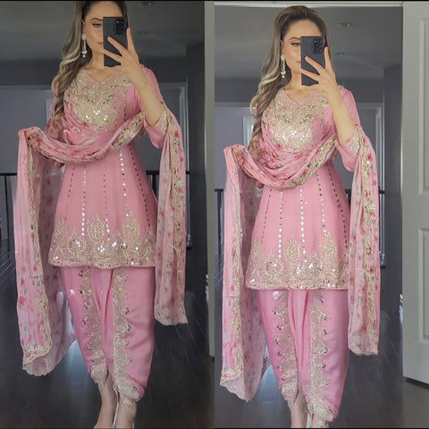 Elegant Baby Pink Designer Dhoti Patiyala Set with Embroidered Kurti and Dupatta